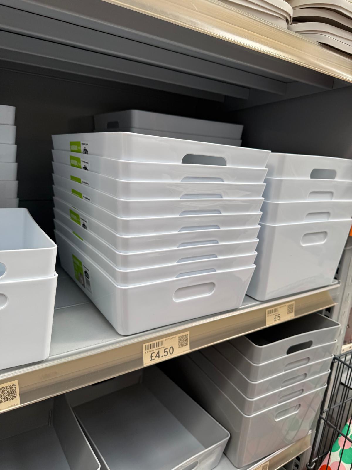 Storage bins and organisation products sourced for a home organisation project