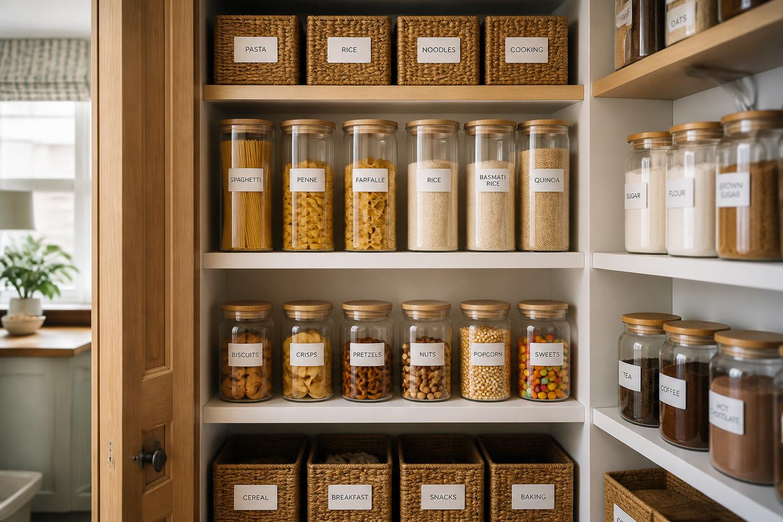 Tidy labelled kitchen pantry with clear storage jars and woven baskets organised into family food zones