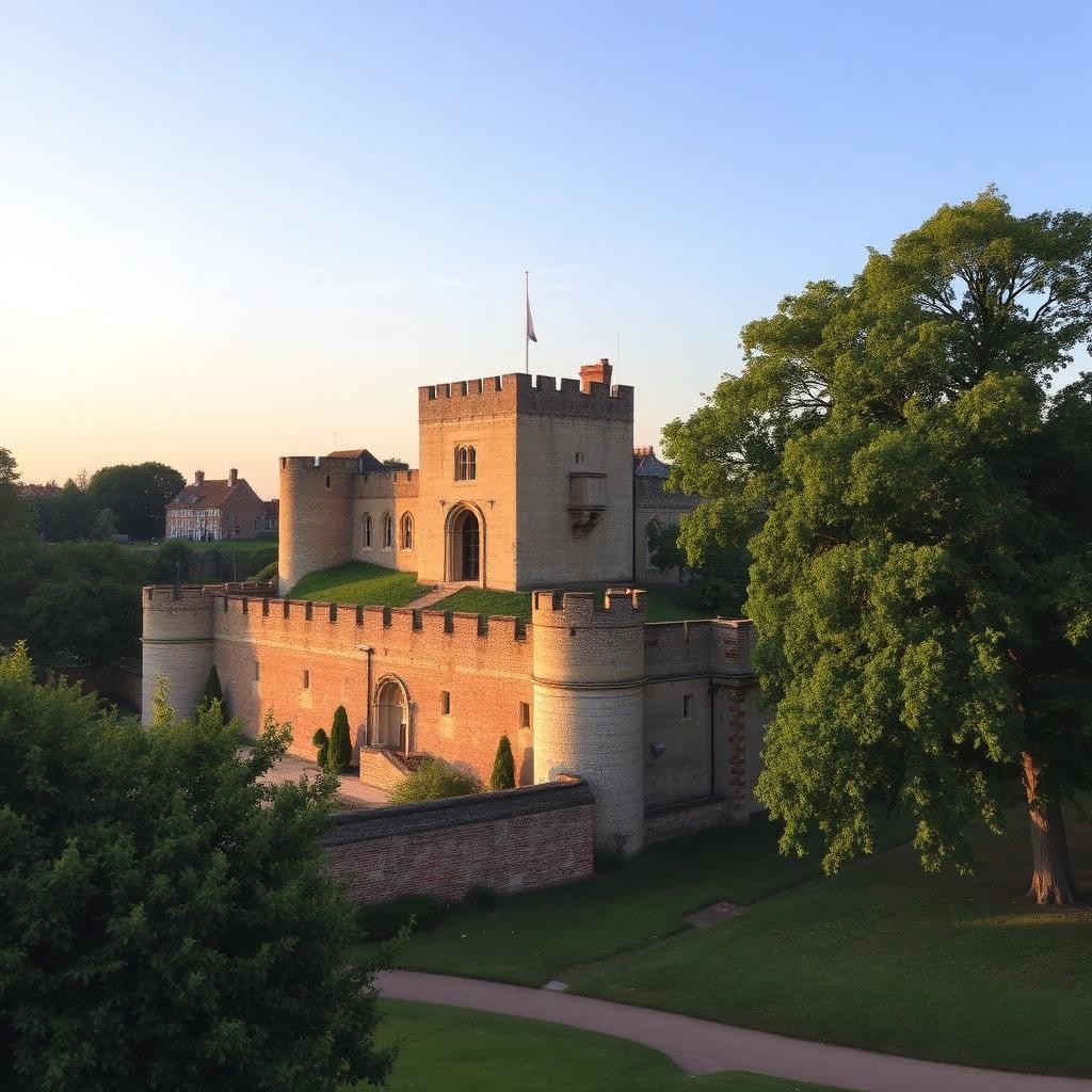 Historic Colchester Essex Roman castle keep surrounded by mature parkland trees in evening light