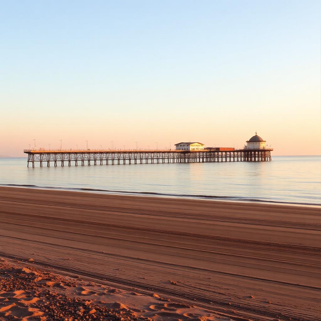 Southend-on-Sea Essex coastline with the iconic pier stretching out over the Thames estuary at golden hour