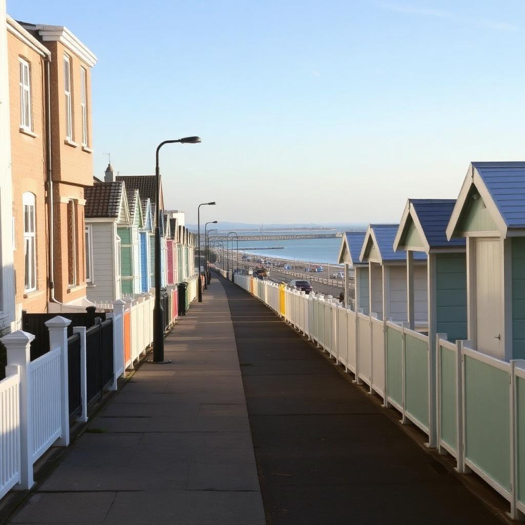 Thorpe Bay Essex seafront promenade with pastel painted beach huts overlooking the estuary
