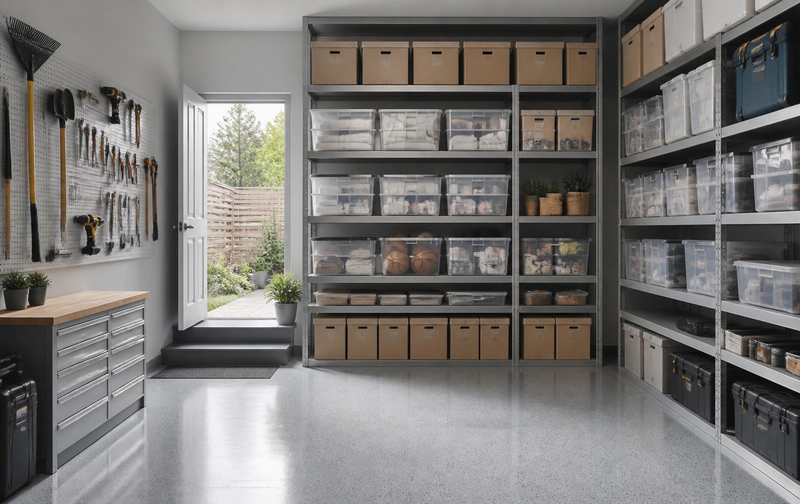 Pristine organised residential garage with grey shelving, clear storage bins, cardboard archive boxes and a tool pegboard wall